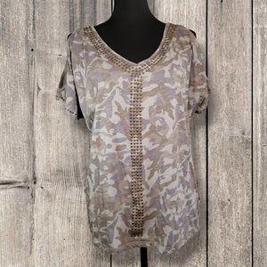 I.N.C Green Camo Print Cold Shoulder Copper Bead Detail Short Sleeve Top, XL